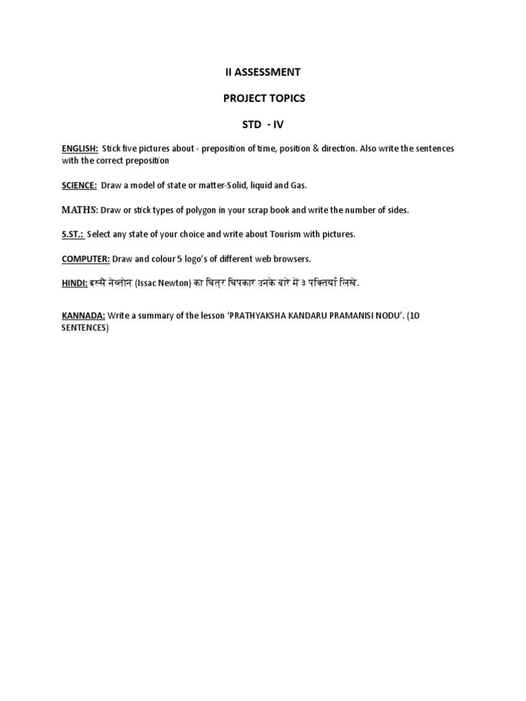 Grade 4 Project Topics Overview | PDF