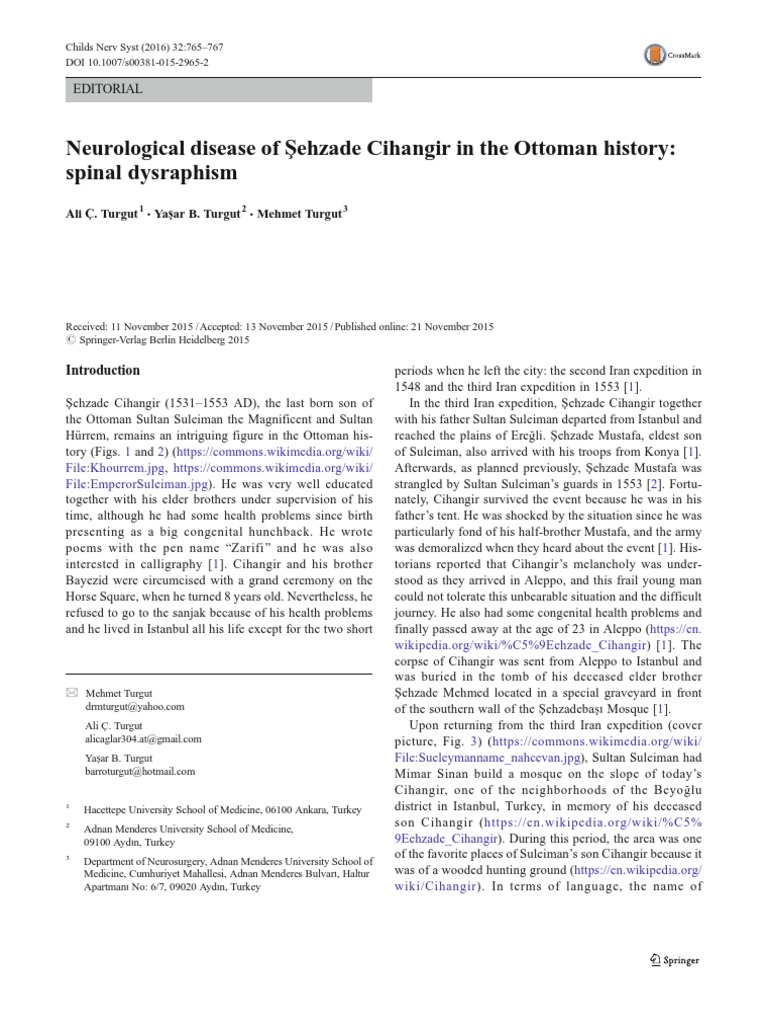 Neurological Disease of Şehzade Cihangir in The Ottoman History PDF Medical Specialties
