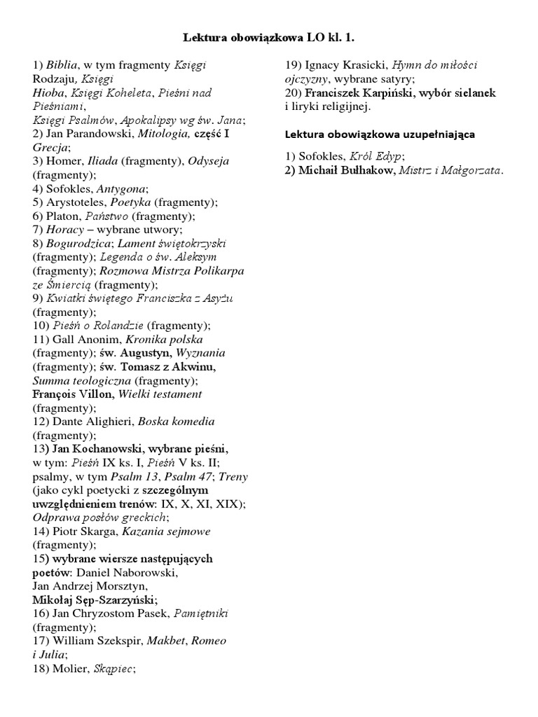 Lista Lektur Szkolnych 2017 Lista Lektur Kl. 1. | PDF
