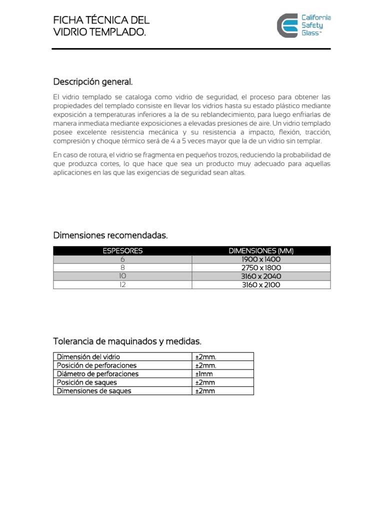 Ficha Tecnica de Vidrio Templado. PDF