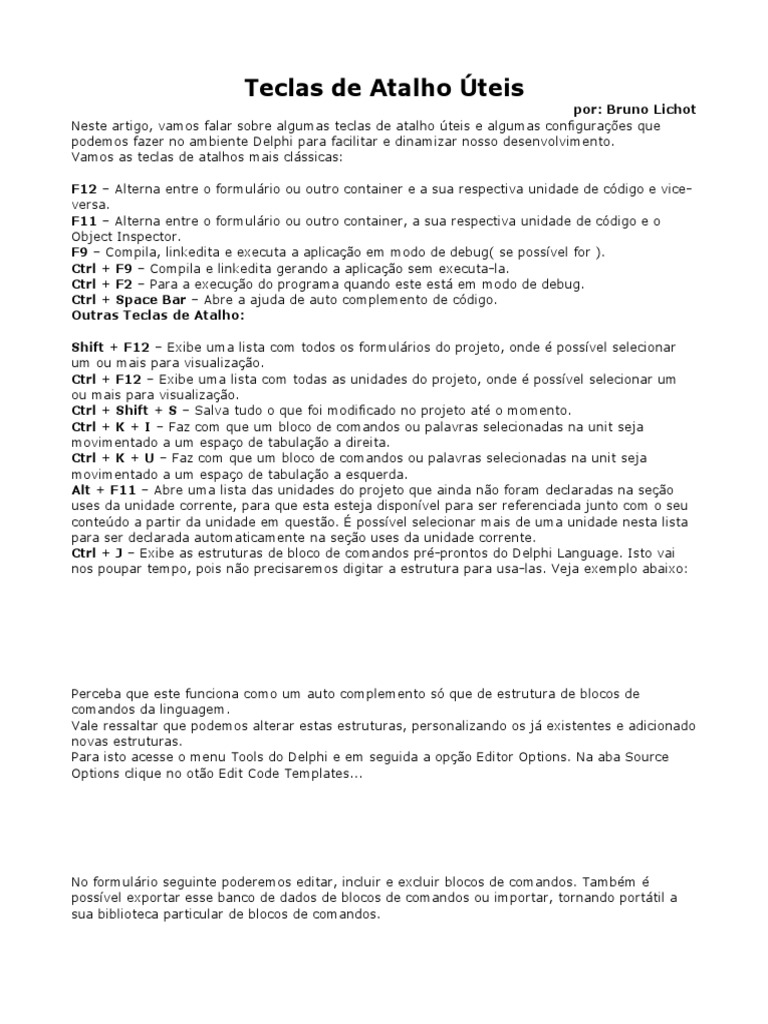 Teclas de Atalho no Delphi | PDF | Botão Ctrl | Teclado de computador