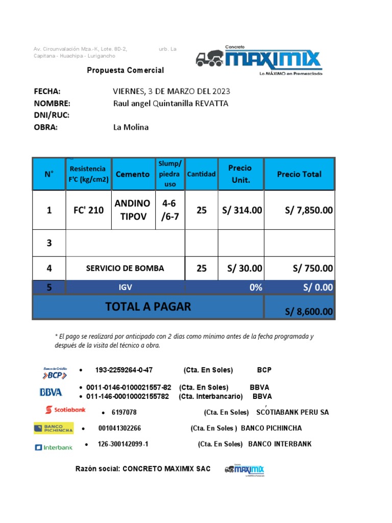 Propuesta Comercial Concreto Maximix | PDF | Hormigón