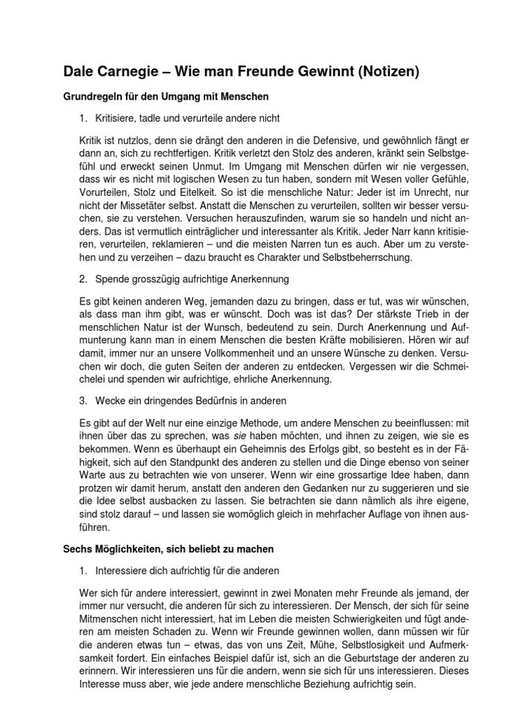 Dale Carnegie Wie Man Freunde Gewinnt Notizen