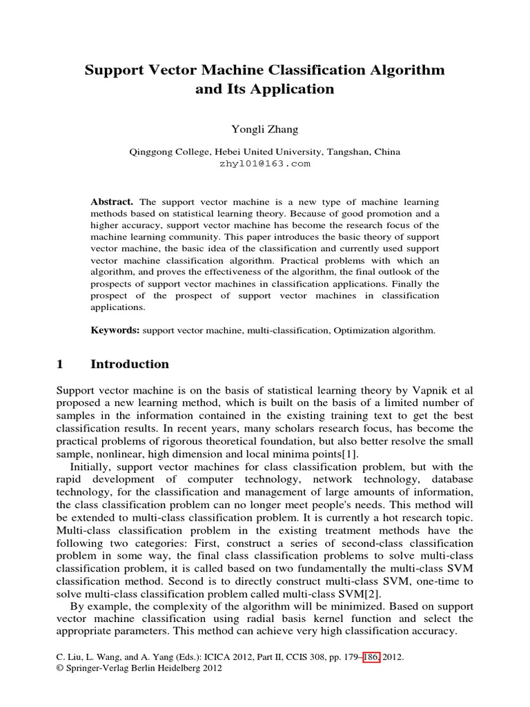 Support Vector Machine Classification Algorithm and Its Application ...