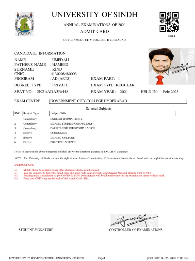 University of Sindh: Admit Card | PDF