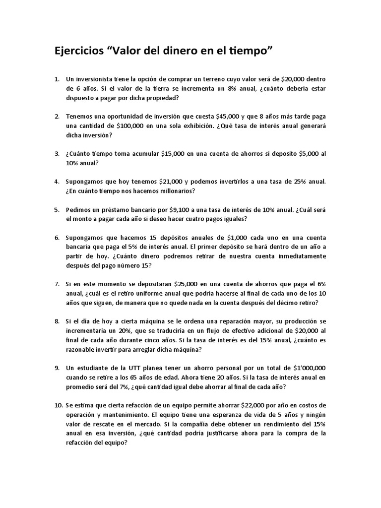 Ejercicios sobre Valor del Dinero en el Tiempo | PDF | Negocios ...