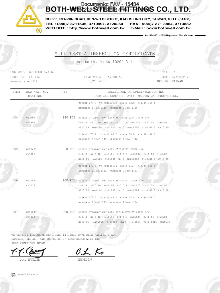 Mill test inspection certificate according to en 10204 3 1