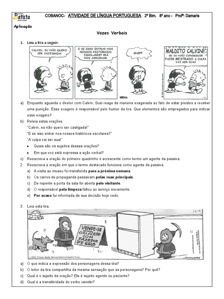 Exercícios de Vozes Verbais - 8º Ano | PDF | Assunto (gramática ...