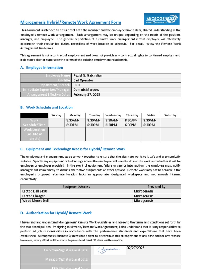 Microgenesis Remote Work Agreement Form | PDF | Employment | Labor