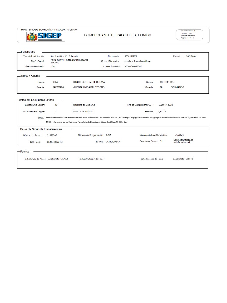 Pago de Agua Potable Agosto Llallagua Comprobante de Pago Electronico | PDF