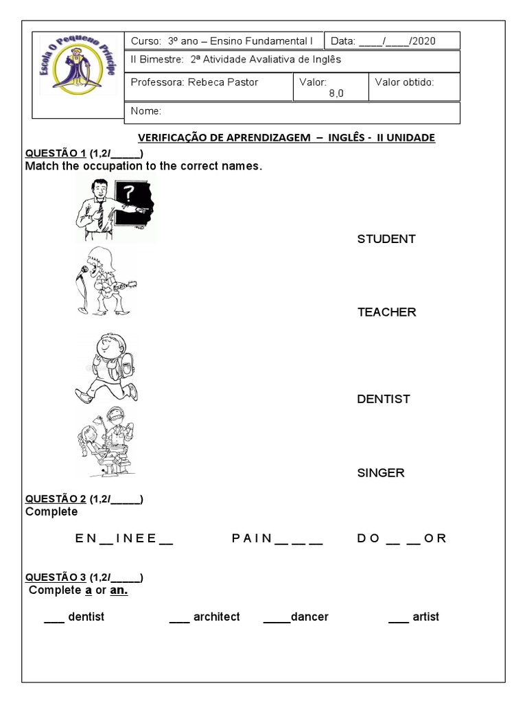 Verificação de Aprendizagem: Inglês 3º Ano | PDF