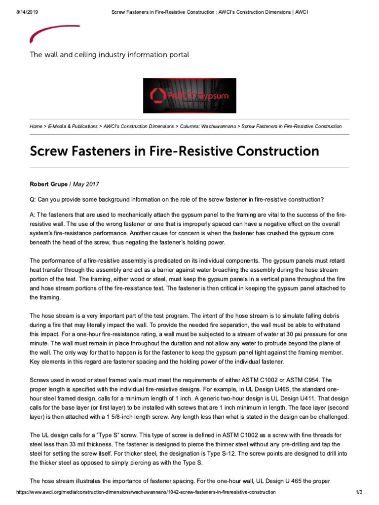 Screw Fasteners in FireResistive Const.. PDF