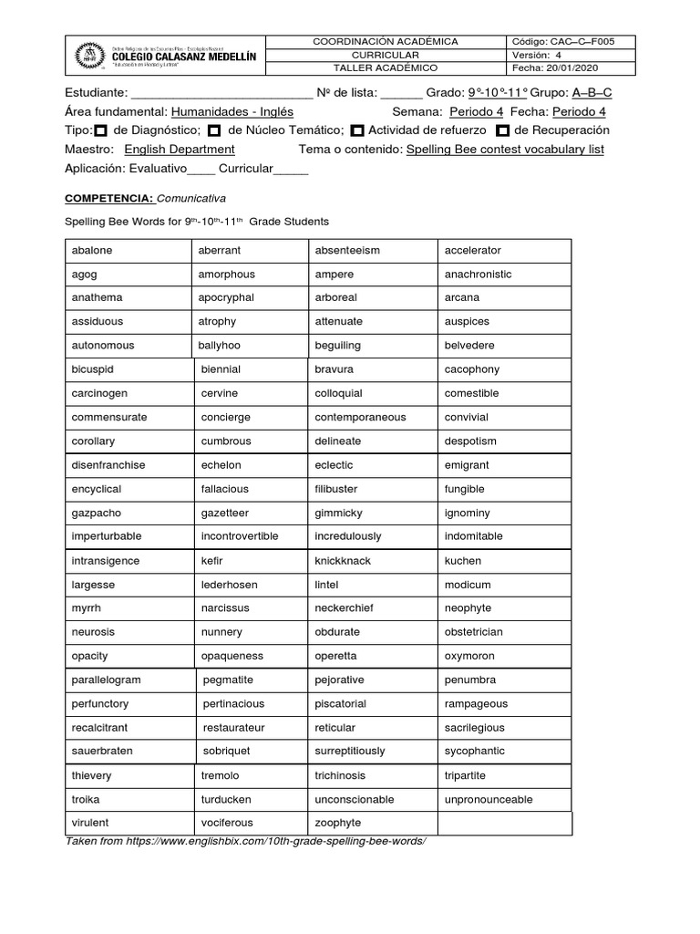 Spelling Bee Words PDF