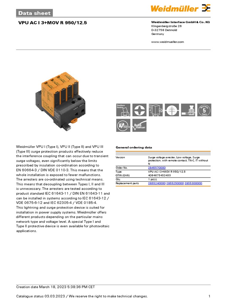 Weidmüller VPU AC I Surge Protector Data Sheet | PDF | Power (Physics ...