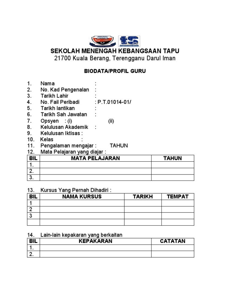 BI0DATA (Profil) Guru Kosong 2023 | PDF