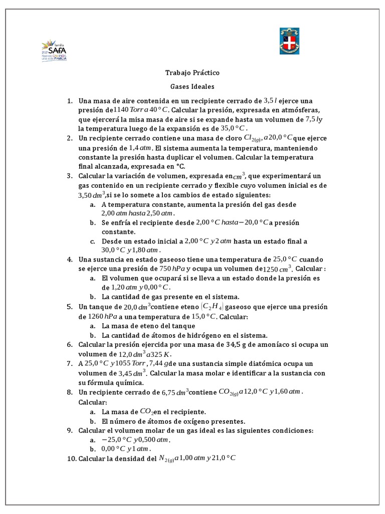 Ejercicios de Gases Ideales y Cálculos | PDF | Gases | Presión