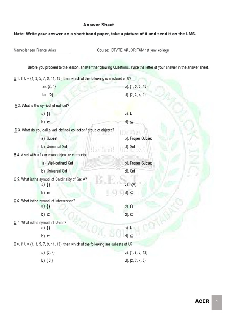 Answer Sheet 2 | PDF | Set (Mathematics) | Abstract Algebra