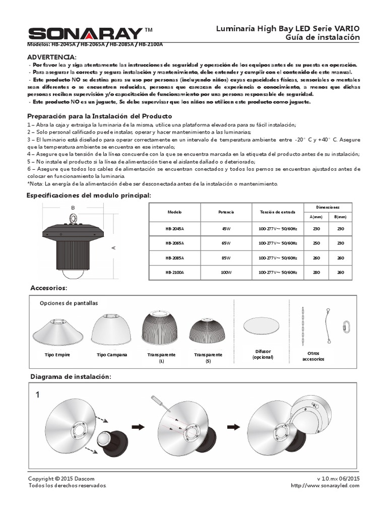 Guía de Instalación-Luminaria Led High Bay Serie Vario-La | PDF | Diodo