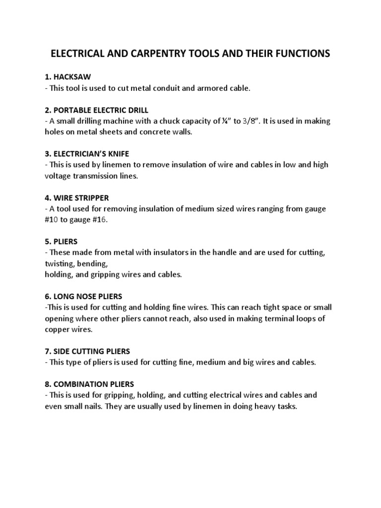 Essential Electrical and Carpentry Tools | PDF | Screw | Machines