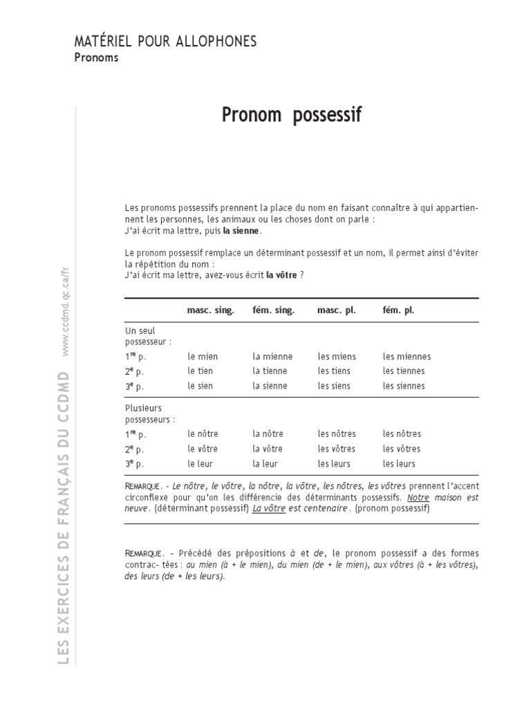 Les pronoms possessifs en français | PDF | Pronom | Genre grammatical