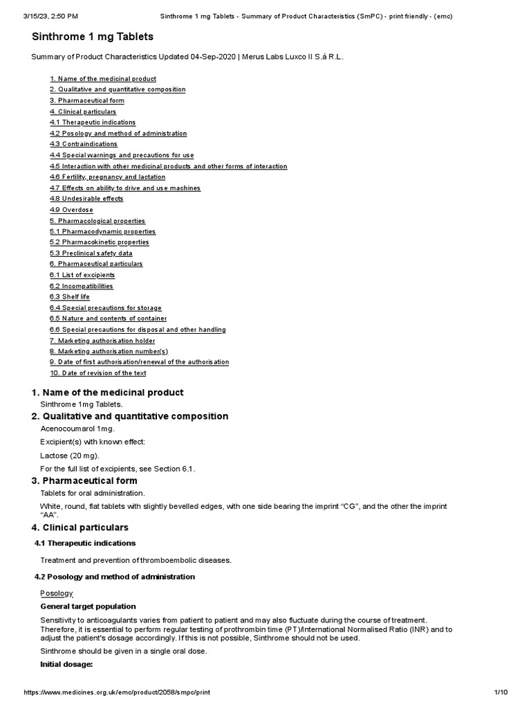 Sinthrome 1 mg Tablets Overview | PDF | Medicine | Medical Specialties