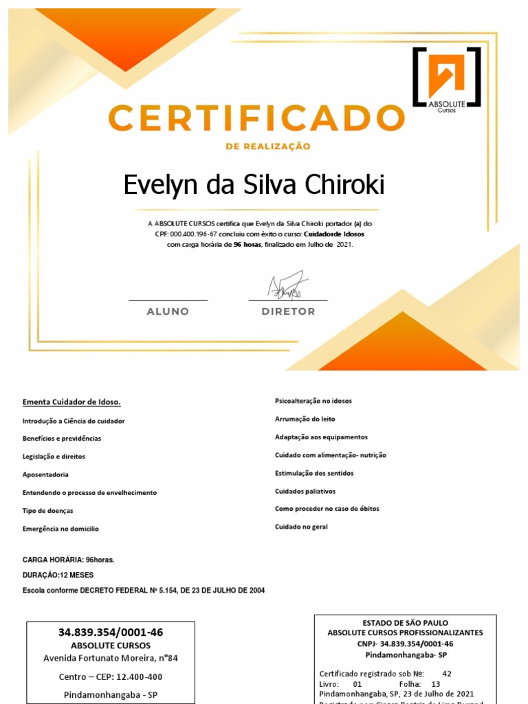 CERTIFICADO-CUIDADOR DE IDOSOS Evelyn Da Silva Chiroki | PDF