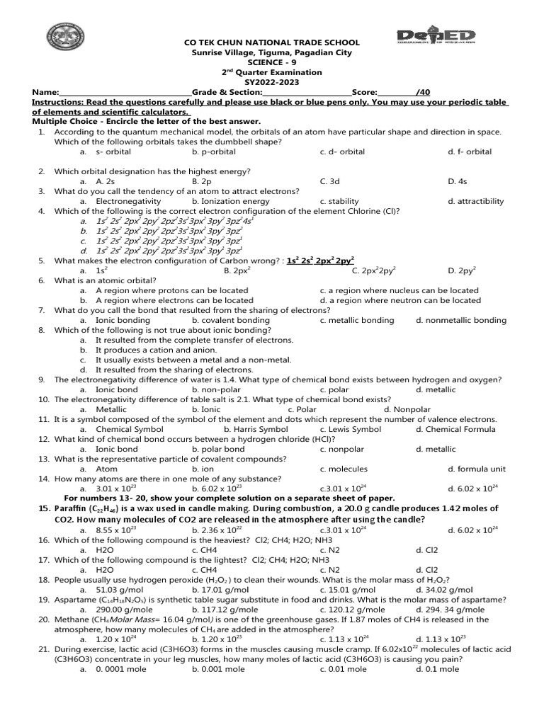 Science 9 2nd Quarter Exam Guide | PDF | Chemical Bond | Reproduction