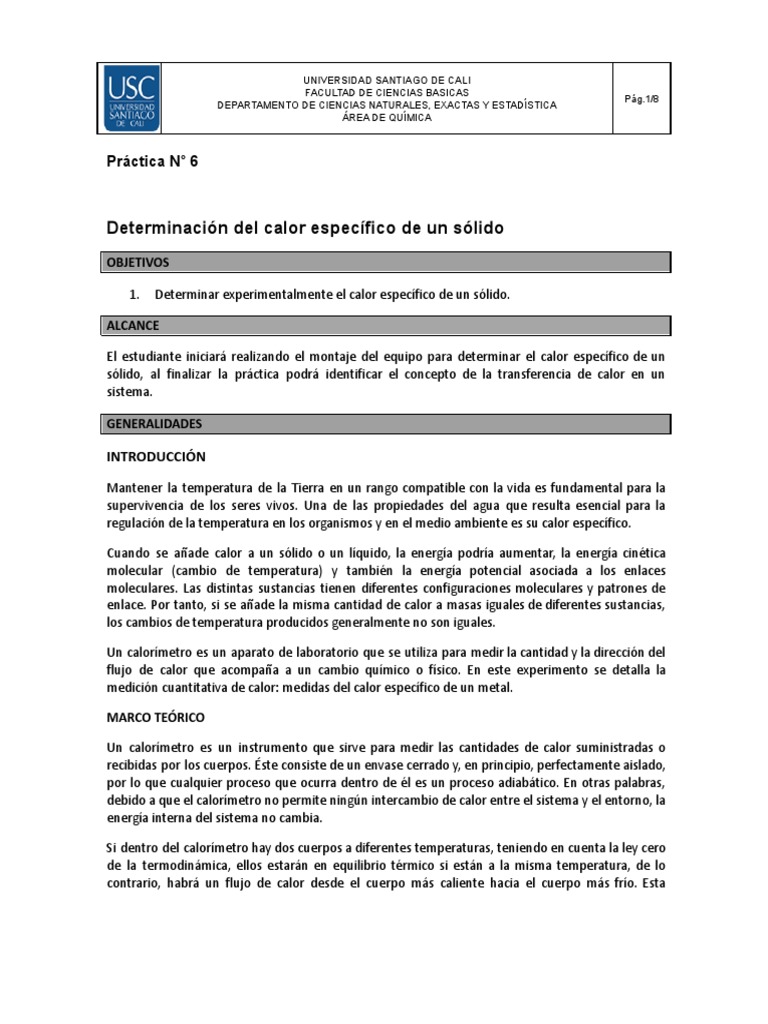 Práctica 6. Capacidad Calorífica de Un Sólido PDF Calor Temperatura