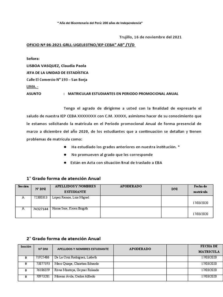 OFICIO 062021GRLLUGEL03TNO / Iep Ceba" Ab" /T/D Señora Jefa de La