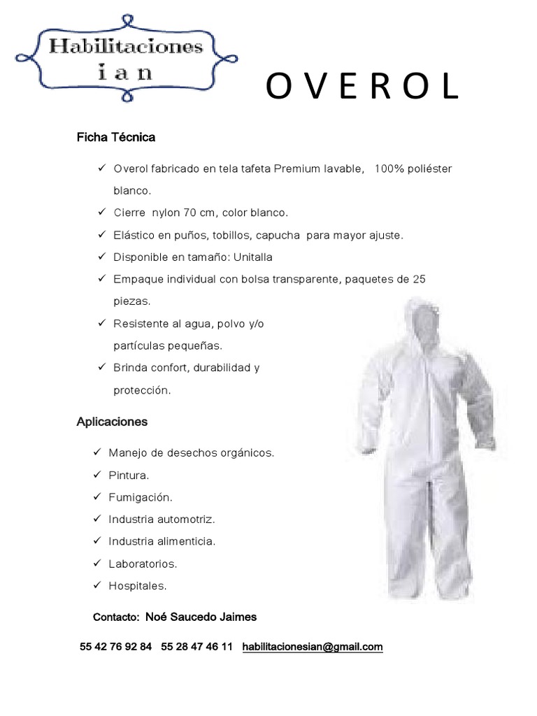 Ficha Técnica de Overol Premium | PDF