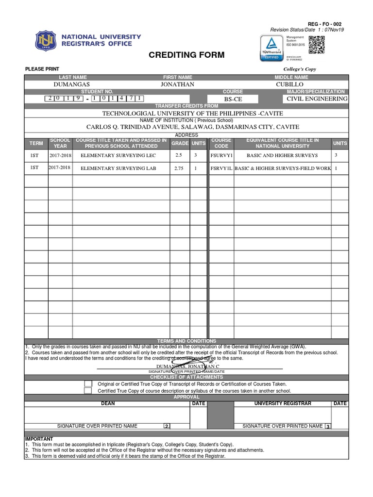 Transfer Credit Form Guidelines | PDF | Academia