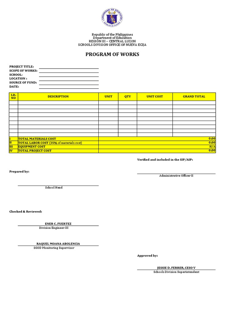Revised Program Of Works New Template Pdf