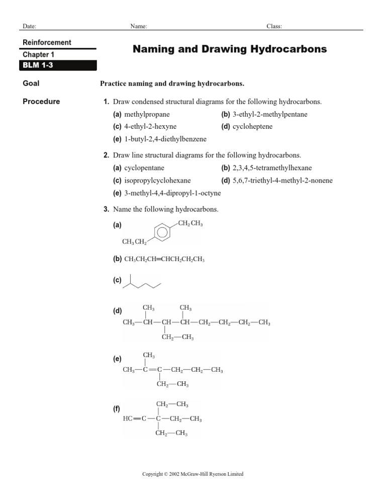 Naming and Drawing Hydrocarbons Practice