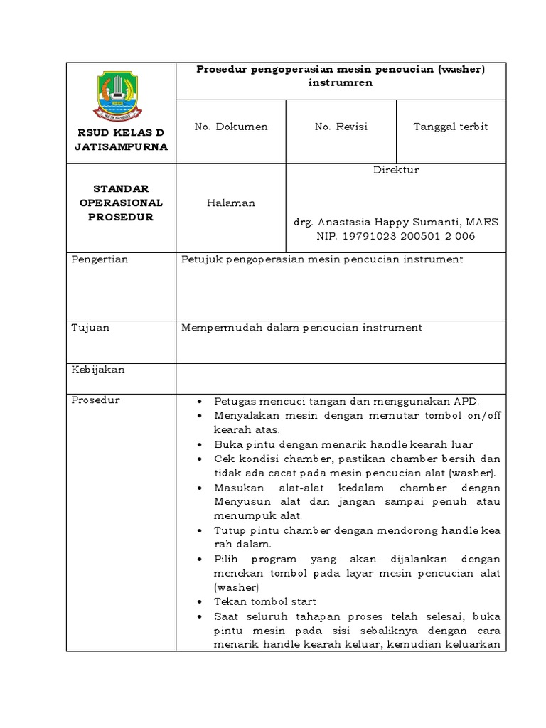 Spo Pengoperasian Mesin Washer CSSD | PDF