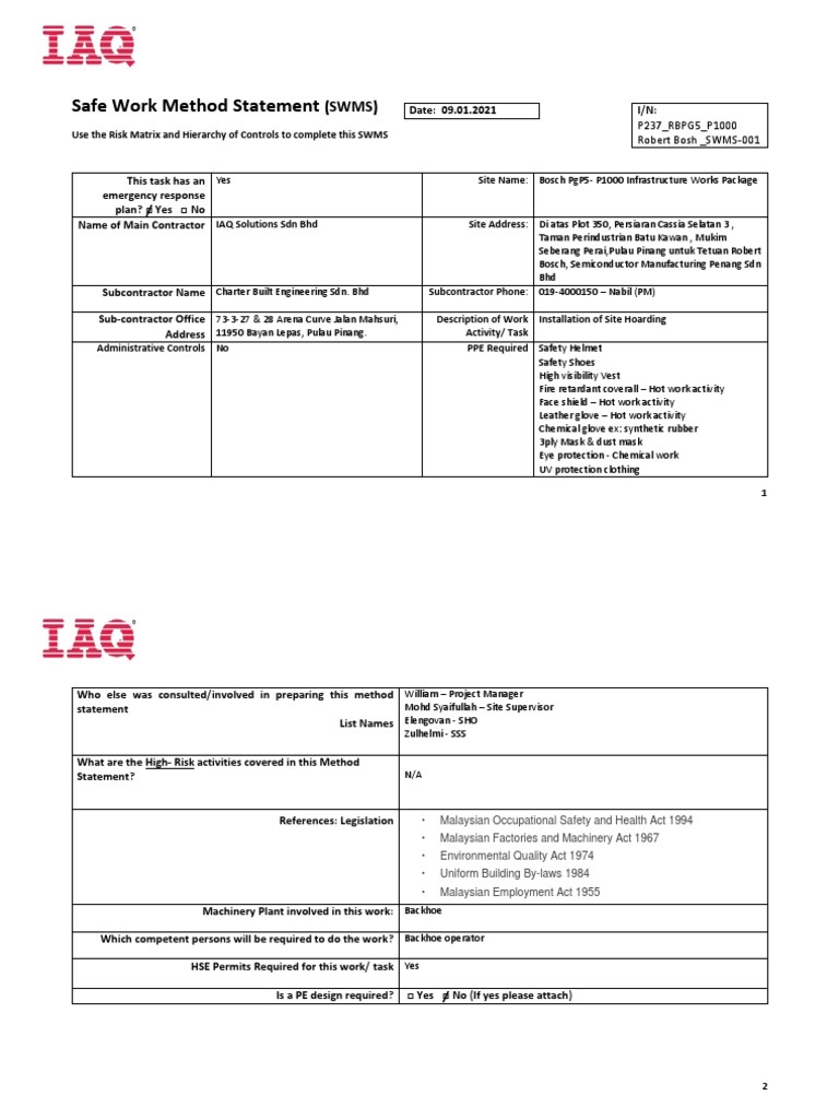 Safe Work Method Statement for Hoarding Installation | PDF | Emergency ...