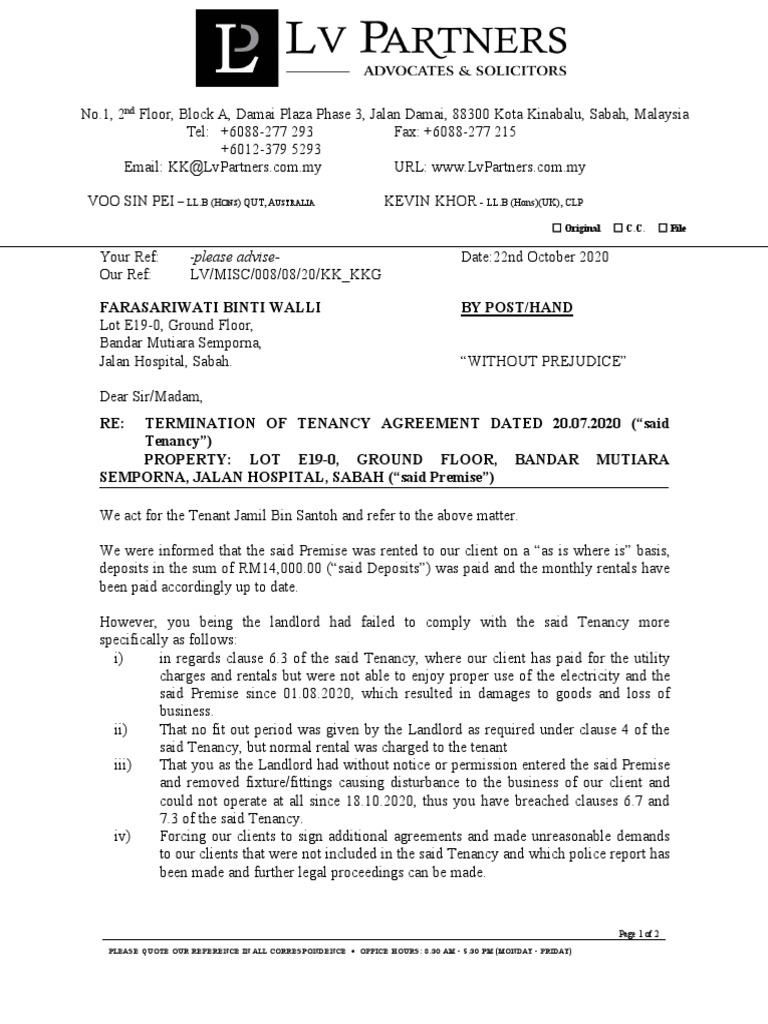 Termination of Tenancy Agreement Notice | PDF | Leasehold Estate | Landlord