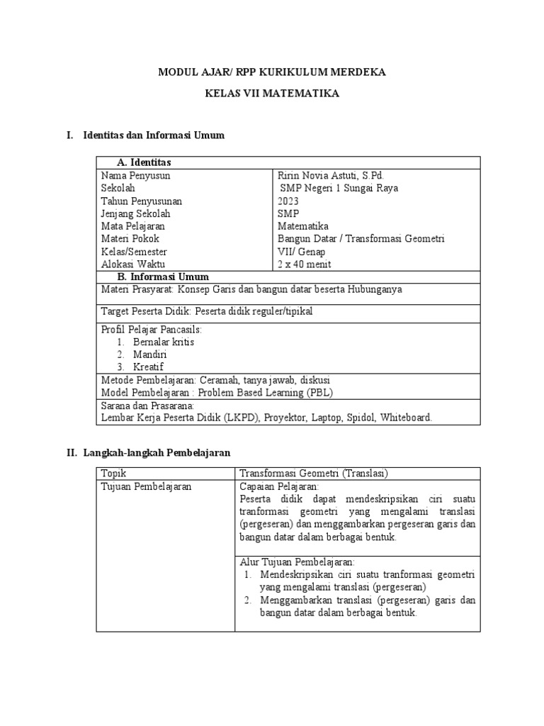 Modul Ajar/ RPP Kurikulum Merdeka Kelas Vii Matematika I. Identitas Dan ...