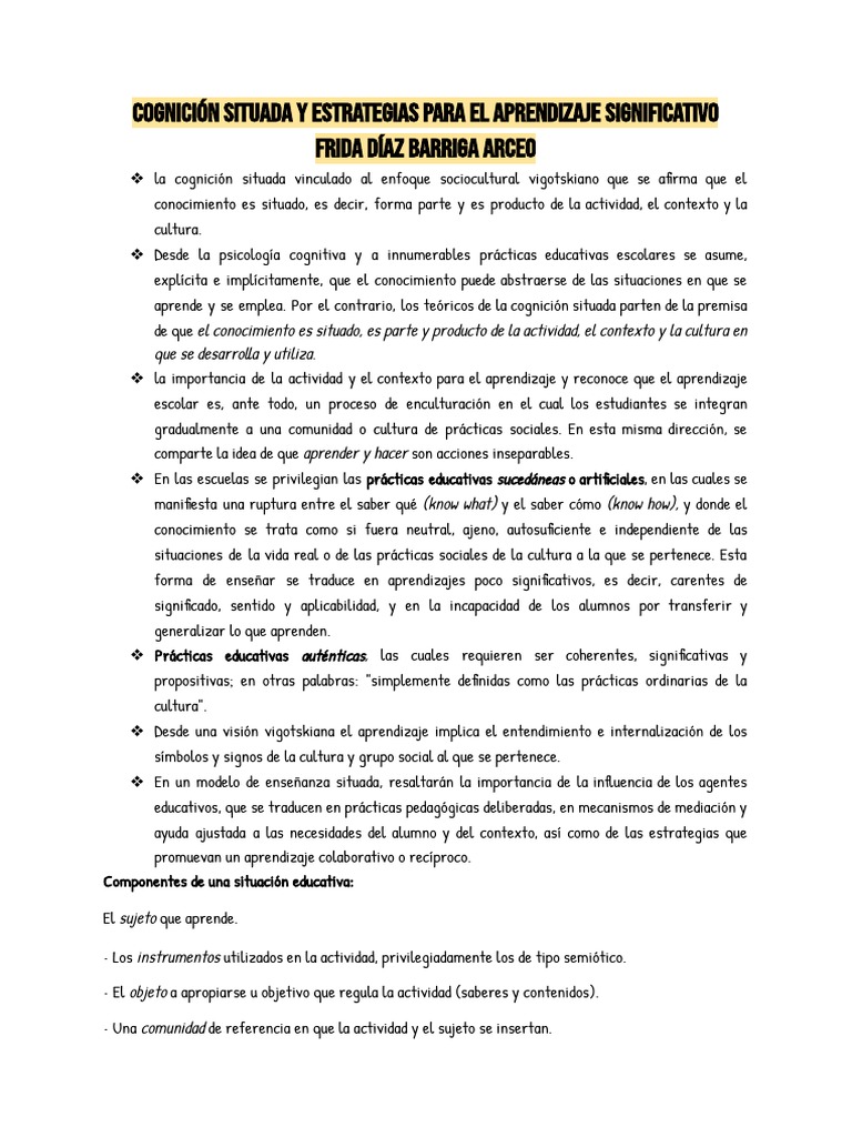 Cognición Situada y Estrategias para El Aprendizaje Significativo | PDF ...