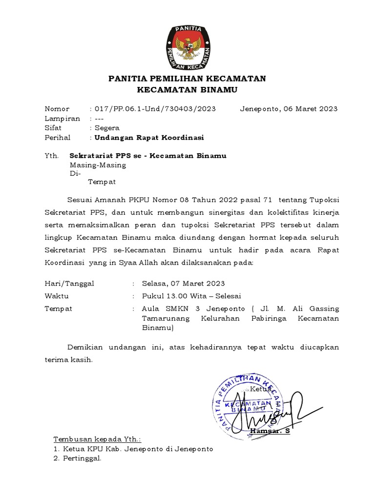 17 - Undangan Rapat Koordinasi - Sekretariat - PPS | PDF