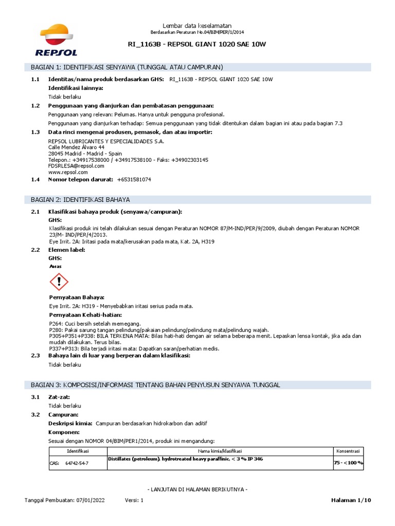 Lembar Data Keselamatan RI - 1163B - REPSOL GIANT 1020 SAE 10W | PDF