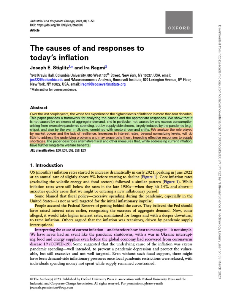 The Causes of and Responses To Today's Inflation Joseph E. Stiglitz and Ira Regmi PDF