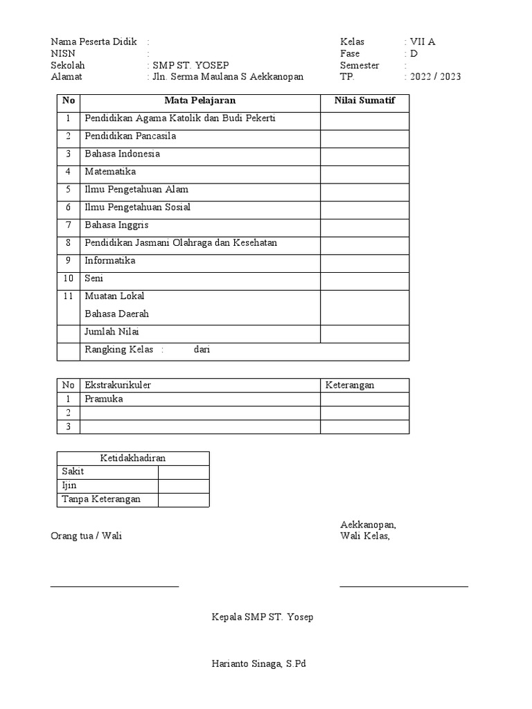 Rapor Kurikulum Merdeka SMP Kelas 7 | PDF
