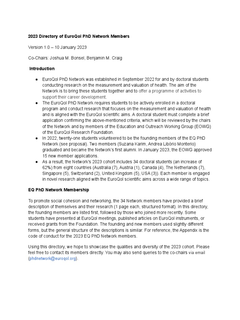 2023 directory of euroqol phd network members offer a programme of