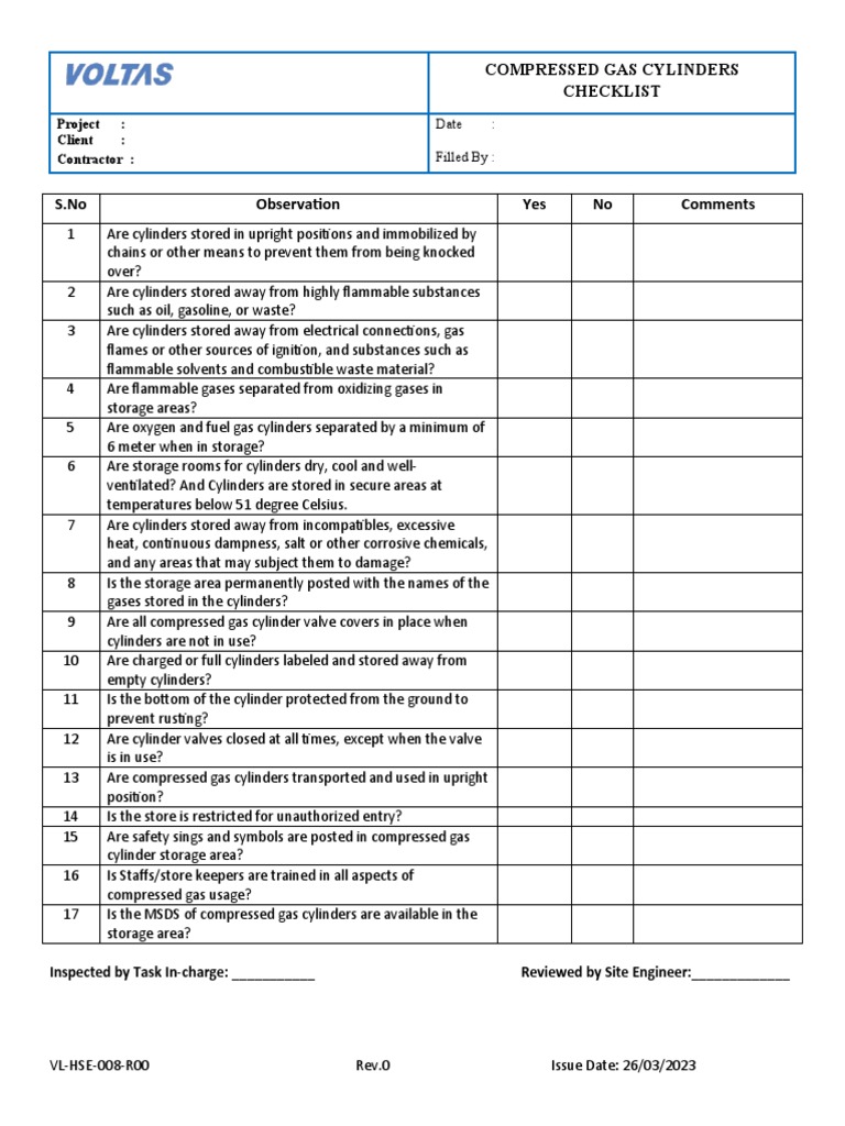 Compressed Gas Cylinder Safety Checklist | PDF | Gases | Industrial ...