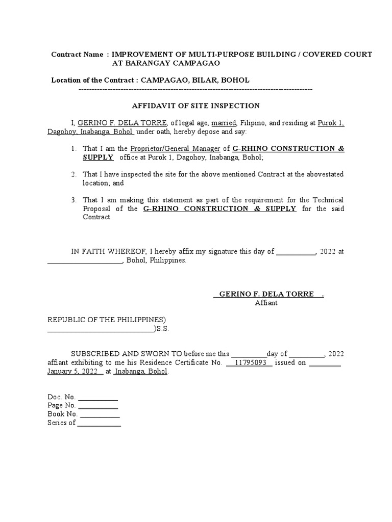 Site Inspection Affidavit for the Improvement of MultiPurpose Building
