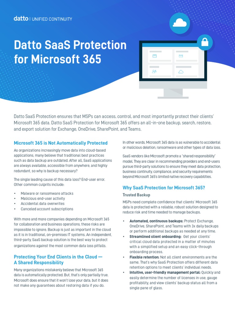 Datto SaaS Protection Microsoft 365 PDF Backup Software As A Service