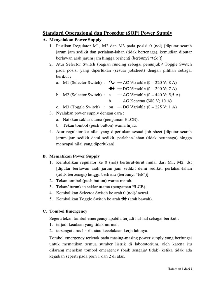 SOP Pengoperasian Power Supply | PDF