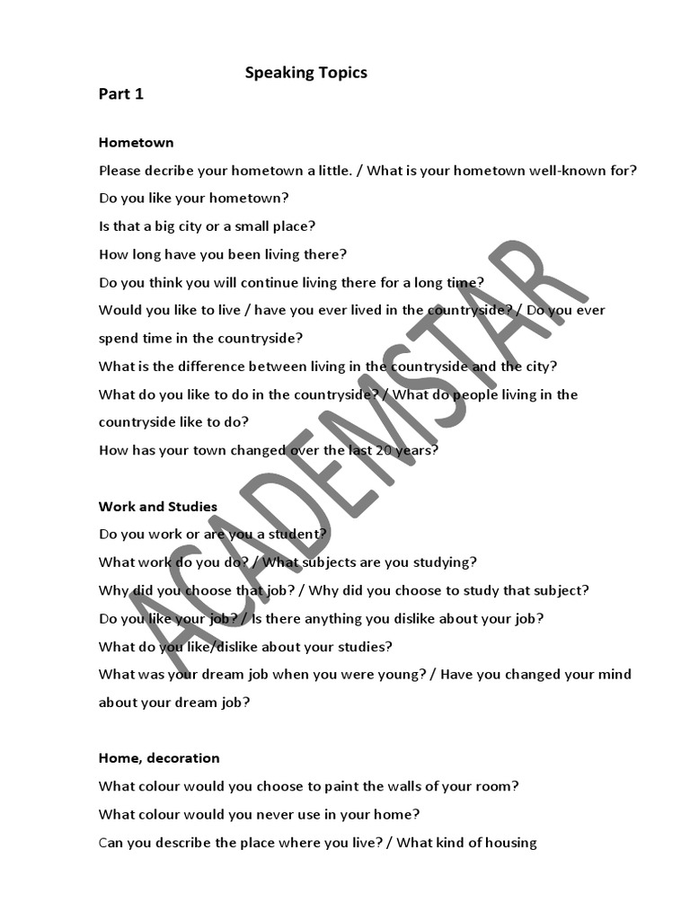 Speaking Topics Hometown PDF Agriculture Vegetables