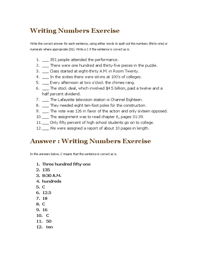 Writing Numbers Exercise PDF