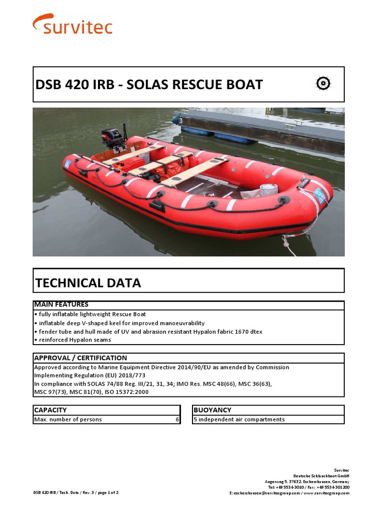 Technical specifications and certifications for the dsb 420 irb solas